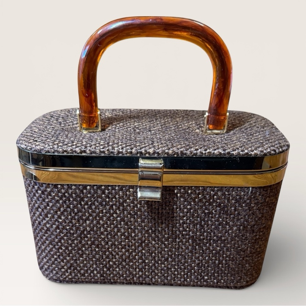 Julius Resnick Vintage Tweed Box Handbag w/Amber Lucite Handle